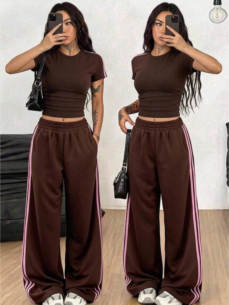 Tween Girl Casual Daily Knitted Fitted Top With Ribbon Detail And Straight Leg Pants With Ribbon Detail - Brown - View 1