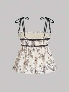 SHEIN MOD Women's Floral Pattern Cami Crop Top, Tops, Summer Tops, Babydoll Top Vacation Black White Cottagecore Romantic - Black and White - View 2