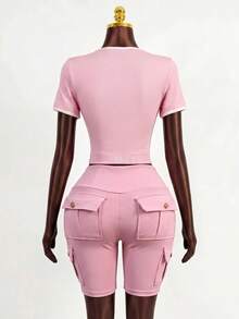 Zolique Pink Solid Color Cargo Sports Shorts, Women's Activewear, Casual Summer Going Out Outfits - Pink - View 1