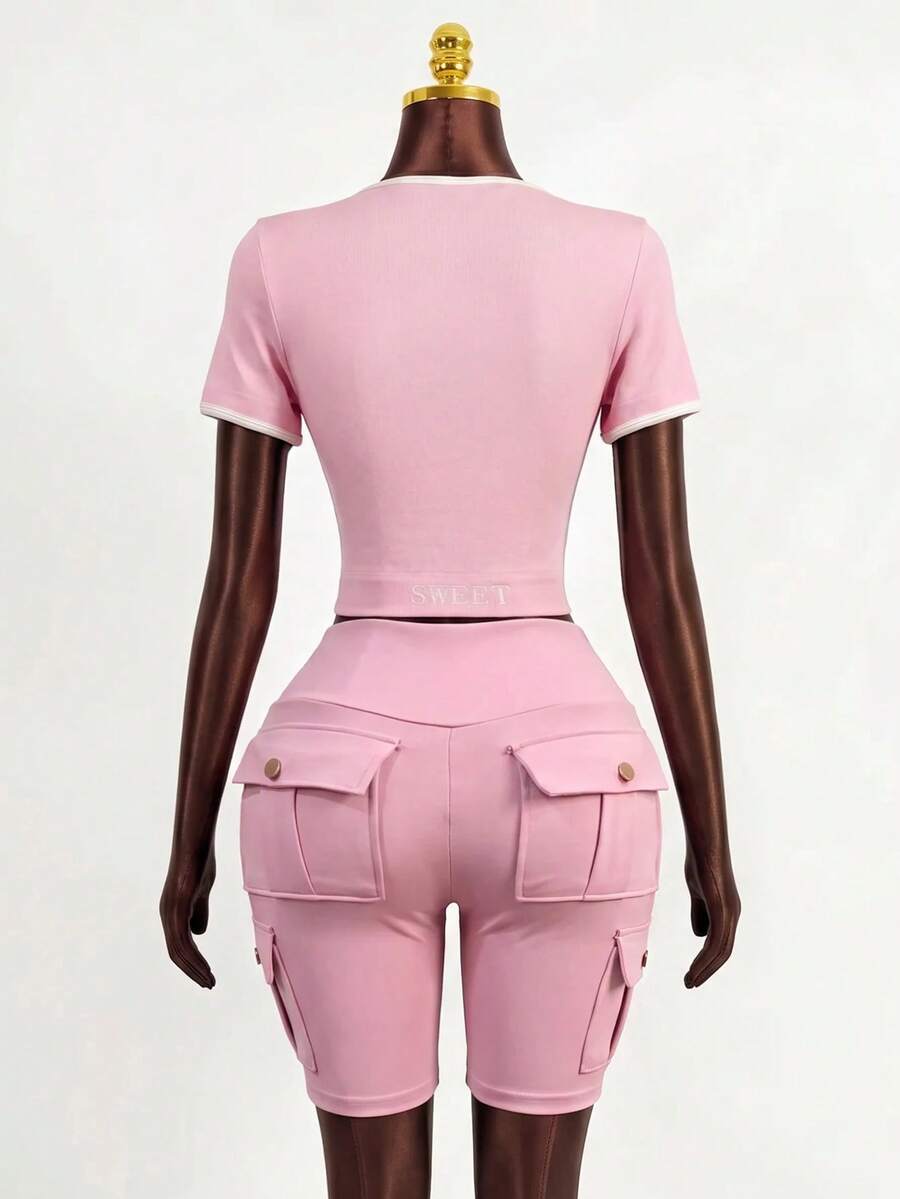 Zolique Pink Solid Color Cargo Sports Shorts, Women's Activewear, Casual Summer Going Out Outfits - Pink - View 1