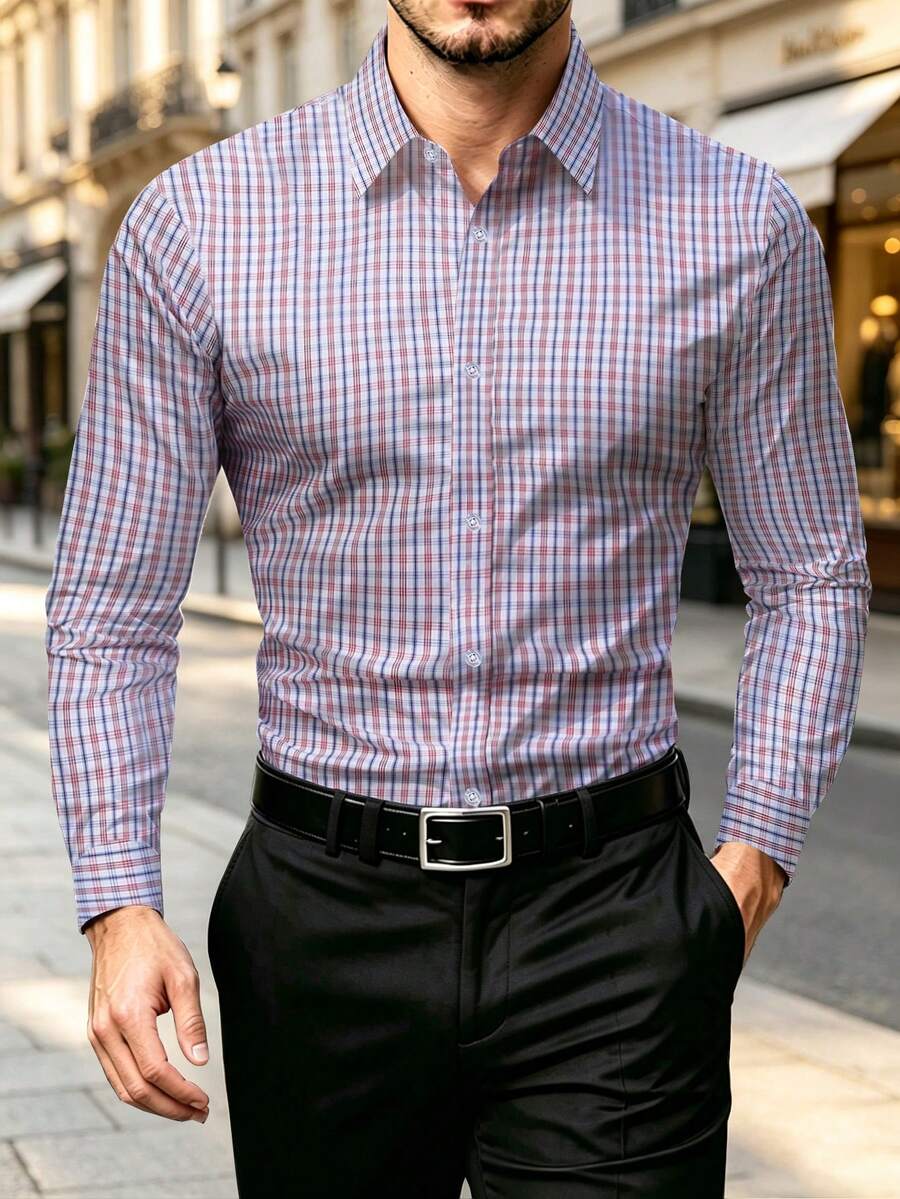Manfinity Mode Men's Plaid Single-Breasted Casual/Commute Long Sleeve Formal Shirt, Fall, Ceremony - Multicolor - View 1