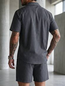 SLATEMANN 男士度假休閒條紋襯衫短褲套裝 - 黑色 - 查看 2