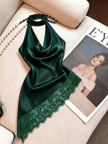 Cévolie Atasan Tank Top Tanpa Lengan Tanpa Punggung Seksi Model Pas Badan untuk Pesta Fashion dengan Leher Berlipit dan Hiasan Renda serta Patchwork. - Dark Green - View 3
