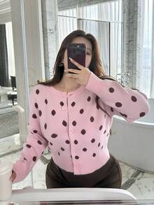 Vibekara Cardigan Leher Bulat Motif Polkadot untuk Wanita Muda Ukuran Plus, Cocok untuk Pesta, Sehari-hari, dan Pakaian Rumah Musim Dingin - Berwarna merah muda - View 6