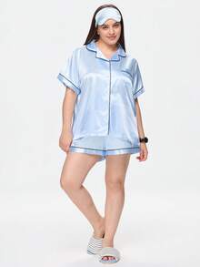 Bonmuse 加大码 2 件纯色缎面短袖翻领上衣和蝴蝶结短裤睡衣套装女士夏季家居服套装清凉浅蓝色 - 藍色 - 查看 5