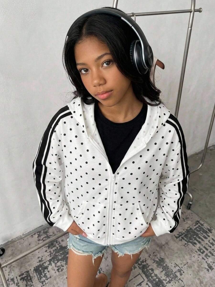 SHEIN 兒童青少年女孩休閒街頭風黑白波點印花對比色織帶連帽拉鍊針織外套 秋冬穿搭 - 黑與白 - 查看 1