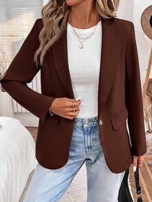 SHEIN LUNE 2024秋冬新款灰綠色女款收腰鈕扣西裝外套，休閒風 - 棕色 - 查看 4