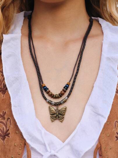 Nocturel 1pc Vintage Bohemian Butterfly & Wooden Beads & Pu Leather Women's Necklace