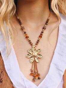 Nocturel 1 buah Kalung Rantai Logam Manik-Manik Motif Bunga Modis, Cocok untuk Pemakaian Sehari-hari Wanita - Coklat - View 1