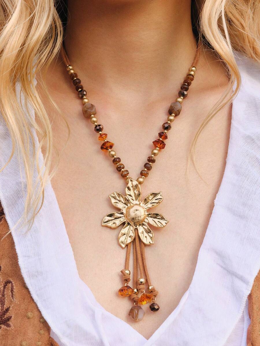 Nocturel 1 buah Kalung Rantai Logam Manik-Manik Motif Bunga Modis, Cocok untuk Pemakaian Sehari-hari Wanita - Coklat - View 1