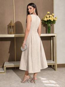 Dripcurv Plus Size Minimalist Elegant White Button Pleated Fashion Dress,Work Brunch High Tea For Women,Formal Casual Long Summer - Coffee Brown - View 3