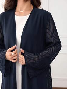 Yasmyna Women's Contrast Mesh Long Sleeve Loose Fit Abaya - Navy Blue - View 6