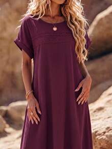 EMERY ROSE Plus Size Women's Solid Color Lace Hollow Out Sleeveless Dress - Red Violet - View 1