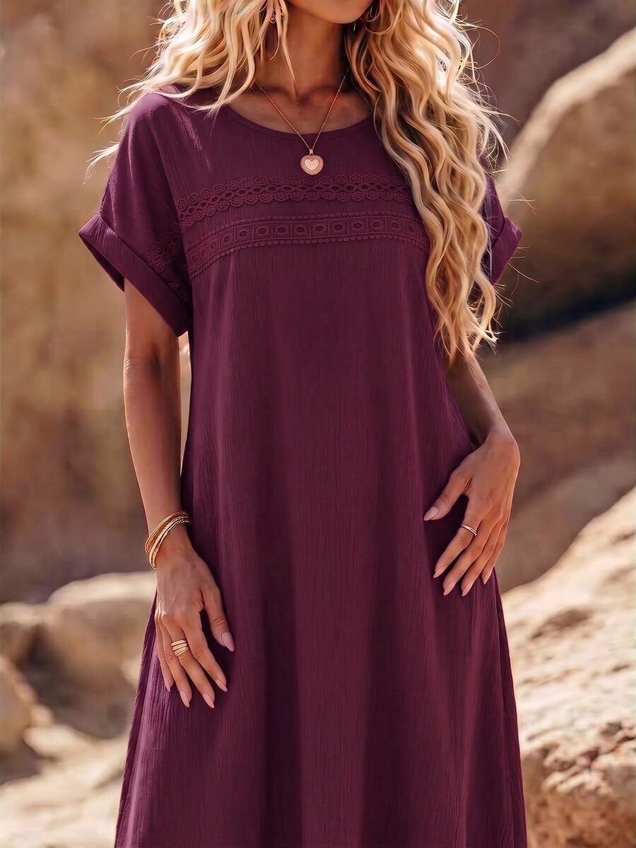 EMERY ROSE Plus Size Women's Solid Color Lace Hollow Out Sleeveless Dress - Red Violet - View 1