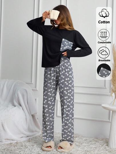 SHEIN Black Bow Print Pocket Top & Matching Pants Casual Pajama Set