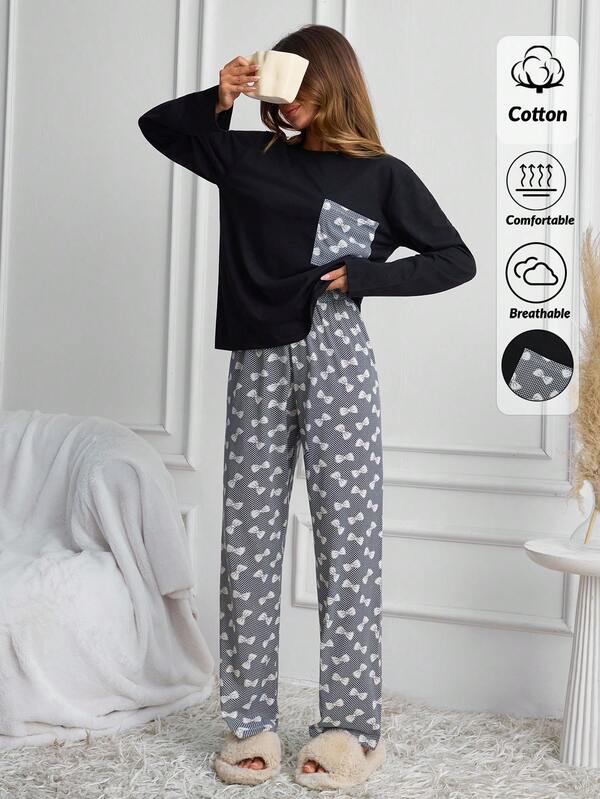 SHEIN Black Bow Print Pocket Top & Matching Pants Casual Pajama Set