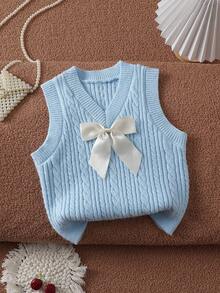 SHEIN Young Girl Bow Decor Knitted Vest - Blue - View 7