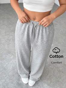 SHEIN PETITE CURVE 大尺碼純色極簡抽繩腰口袋休閒長褲 - 淺灰色 - 查看 5