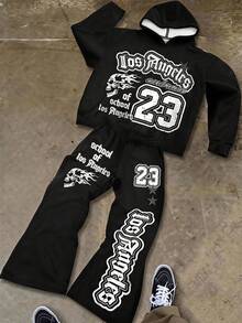 SHEIN Tween Boy 秋季新品，休闲简约风格，涂鸦手绘星星字母图案，运动街头风，Y2K 超大连帽衫喇叭裤两件套，适合秋冬 - 彩色 - 查看 1