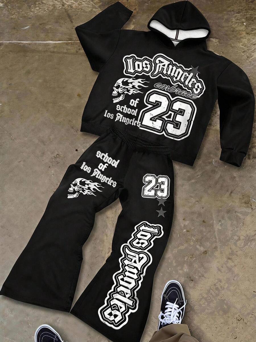 SHEIN Tween Boy 秋季新品,休闲简约风格,涂鸦手绘星星字母图案,运动街头风,Y2K 超大连帽衫喇叭裤两件套,适合秋冬 - 彩色 - 查看 1