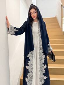 Al Najma 女款優雅日常蕾絲拼接寬鬆顯瘦刺繡穆斯林時尚拼接長袍 - 藏蓝色 - 查看 5