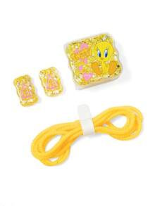 LOONEY TUNES X SHEIN 數據線保護套，適用於 iPhone 充電器，4 件組手機線材保護套，充電器保護套（不含數據線） - 黃色 - 查看 3
