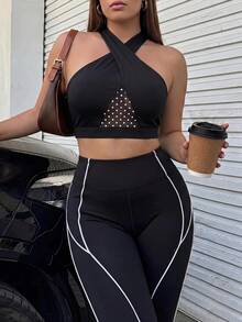 Gameset SHEIN Sport Bra Olahraga Wanita Ukuran Besar Motif Polkadot dengan Detail Kerut Silang - MultiWarna - View 3