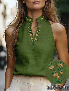 Flora Isola Flora Isola 女款花卉刺繡立領無袖上衣，刺繡上衣，女款夏季穿搭，優雅上衣，通勤上班穿搭 - 綠色 - 查看 4