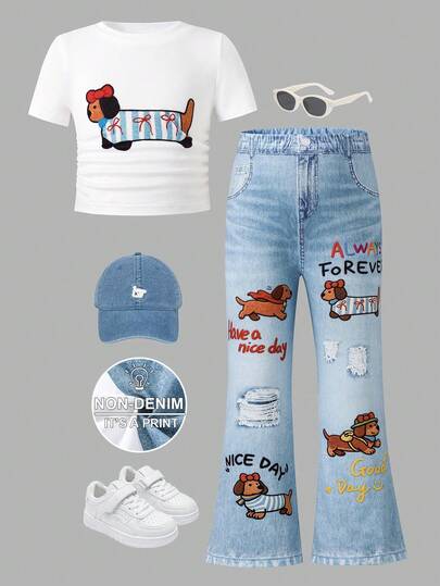 SHEIN Young Girl Knit Solid Color Casual T-Shirt And Fitted Flare Pants 2 Pieces Set