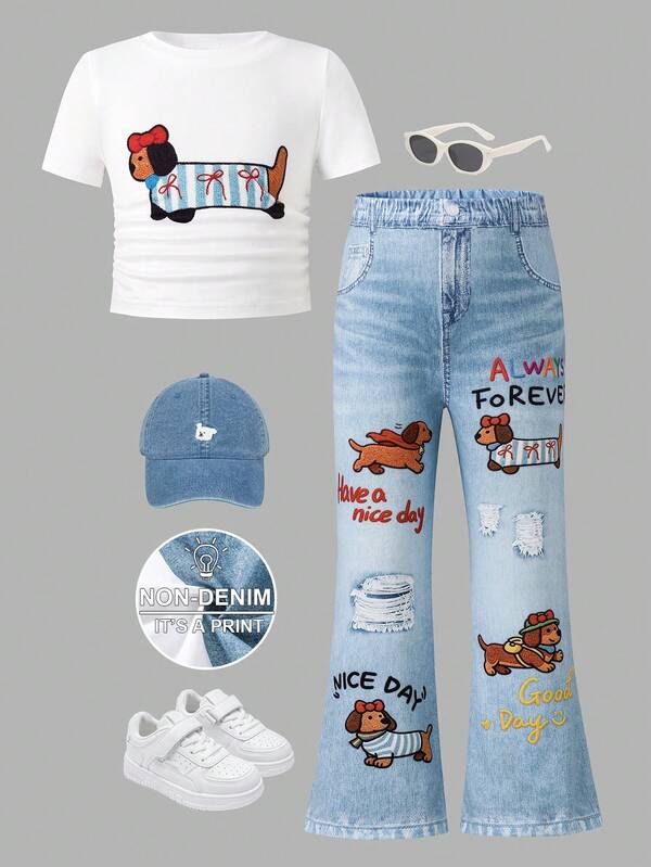 SHEIN Young Girl Knit Solid Color Casual T-Shirt And Fitted Flare Pants 2 Pieces Set
