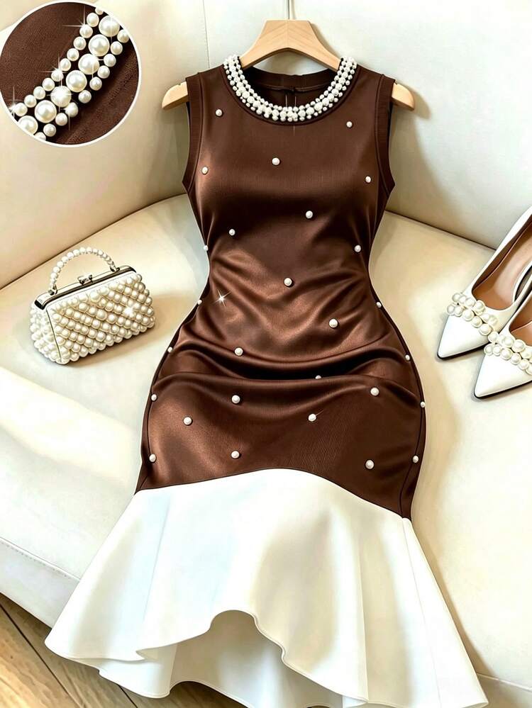 GlowEve CURVE Plus Size Round Neck Fully Embellished Pearl Contrast Color Mermaid Hem Fitted Sleeveless Short Dress - Brown - View 1