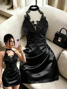 GlowEve Women's Black Satin Spaghetti Strap Mini Dress With Lace Trim, Ruched Waist Design, Slim Fit, Elegant Party Club Wear - Black - View 1