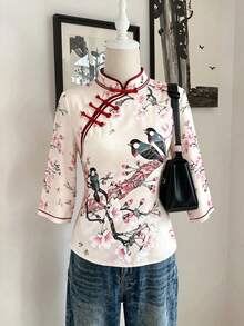 Lalippa Women Outfits,New Chinese-Style Top,Mandarin-Collar Top,Bird-And-Flower Patterns,Trending Now, Fashion Tops - Multicolor - View 1