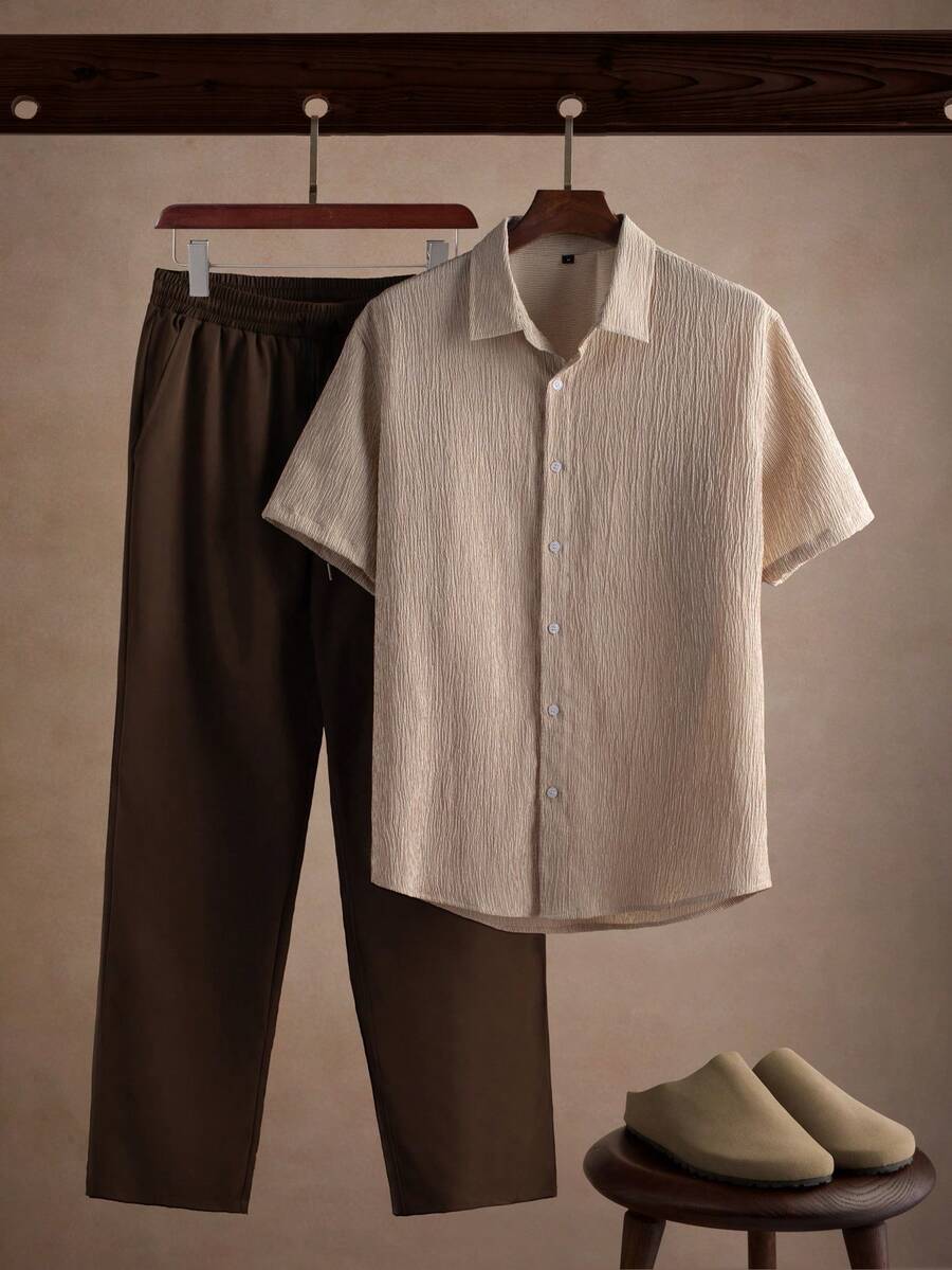 Manfinity Homme Men's Plus Size Old Money Style 2 Pieces Set Striped Shirt + Casual Pants, One-Click Elevate Your Outfit Quality | Men's Summer Essential Set - Multicolor - View 1