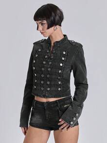 ACID BLVD Spring/SummerblackVintage Distressed Denim Jacket With Nautical Punk Metal Buckle Closure - Black - View 4