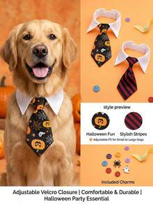 PETSIN 1PC Gentle Suit Collar Pet Tie Collar / Soft Smooth Woven Cloth White Shirt Collar Design Two Style Prints Halloween Pumpkin Spider Web Ghost Pattern & Classic Red Black Stripe - Multicolor - View 3