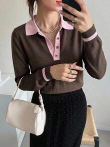DAZY Women's Elegant Colorblock Pullover Sweater Fall - Brown - View 8