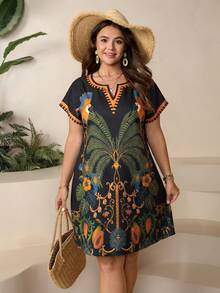 SHEIN LUNE 大尺碼女款復古花卉印花V領蝙蝠袖休閒上衣，適合辦公室、海灘度假穿著，黑色夏季款 - 彩色 - 查看 6