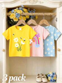 Souflis Souflis 3 PIECE RANDOM 4-7 Years Old Girls Cute & Fresh Rainbow Daisy Bee Print Short Sleeve Tops, Lightweight Casual Wear, School Outfit, Random Pattern - Multicolor - View 3