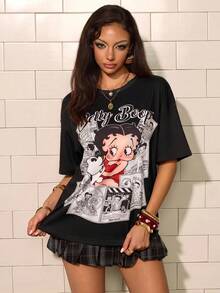 Betty Boop x SHEIN Women's Letter & Cartoon Print Casual Versatile Everyday T-Shirt - Black - View 6