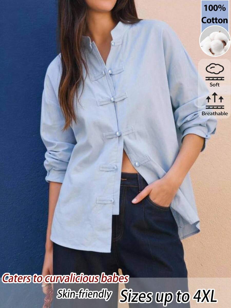 EastFlair Plus Size Fashionable Blue Long-Sleeved Stand-Up Collar Chinese Style Shirt, Breathable Top, Unique Frog Button Design, Soft And Skin-Friendly - Baby Blue - View 1