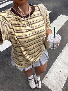 Muchica 大尺碼女款軟黃色針織圓領落肩寬鬆休閒基本款T恤，返校風，夏季 - 黃色 - 查看 6