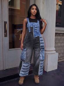 BriallanyX BriallanyX Plus Size Denim Super Loose Patchwork Overalls - Multicolor - View 4