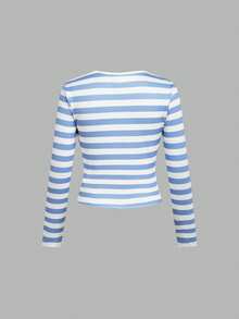 SHEIN 兒童青少年女孩休閒復古藍白條紋方領長袖上衣 T-shirt，適合秋季日常與校園穿著 - 藍白色 - 查看 2