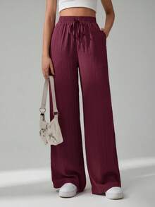 SHEIN Tall 女款休閒百搭純色直筒長褲 - 酒紅色 - 查看 3