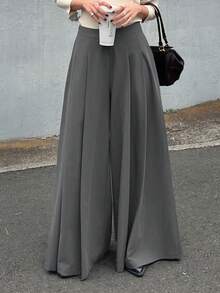 FRIFUL Celana Panjang Wanita Model Korea Terbaru untuk Awal Musim Gugur, Model Kaki Lebar dengan Lipit - Dark Grey - View 1