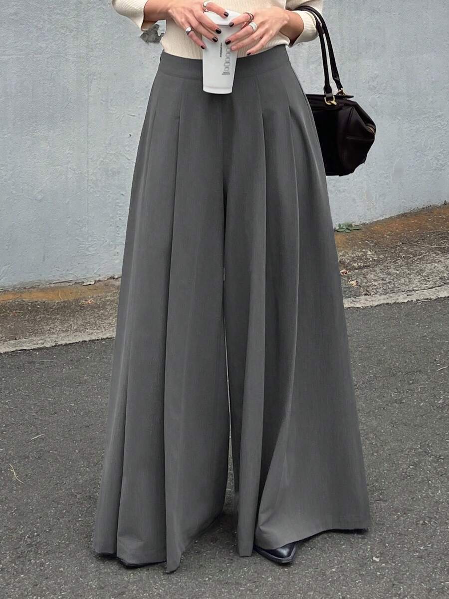 FRIFUL Celana Panjang Wanita Model Korea Terbaru untuk Awal Musim Gugur, Model Kaki Lebar dengan Lipit - Dark Grey - View 1