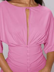 MUSERA Lime Green Button Through Wide Sleeve Open Front Top - Pink - View 6