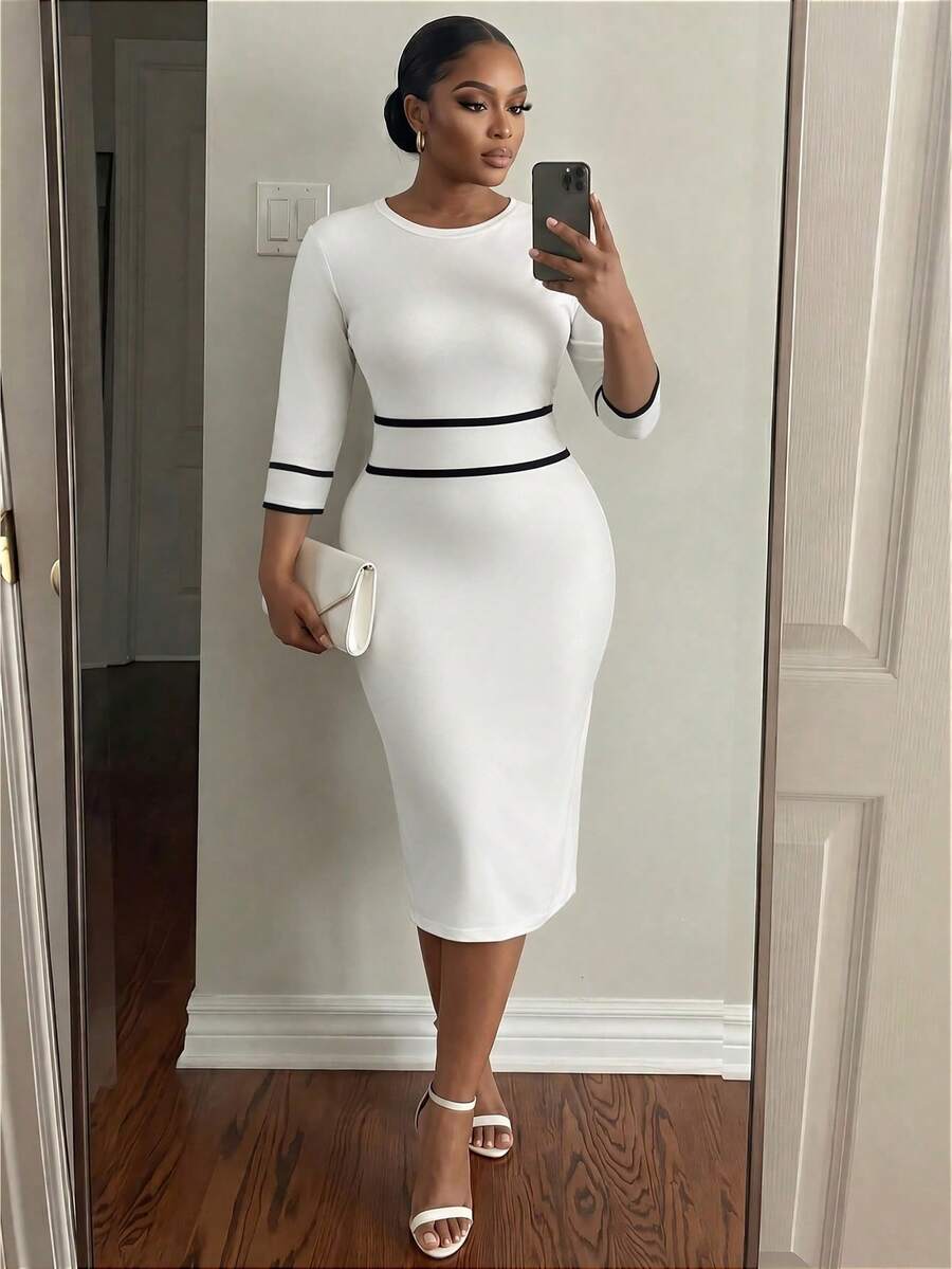 SHEIN Lady CURVE 大尺碼韓系百搭黑色拼接洋裝,適合商務辦公、正式場合、秋季休閒優雅穿搭 - 黑與白 - 查看 1
