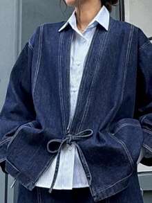 DAZY Women's Collarless Long Sleeve Tie Waist Deep Blue Washed Denim Loose Silhouette Denim Jacket And Coat Fall - Blue - View 3
